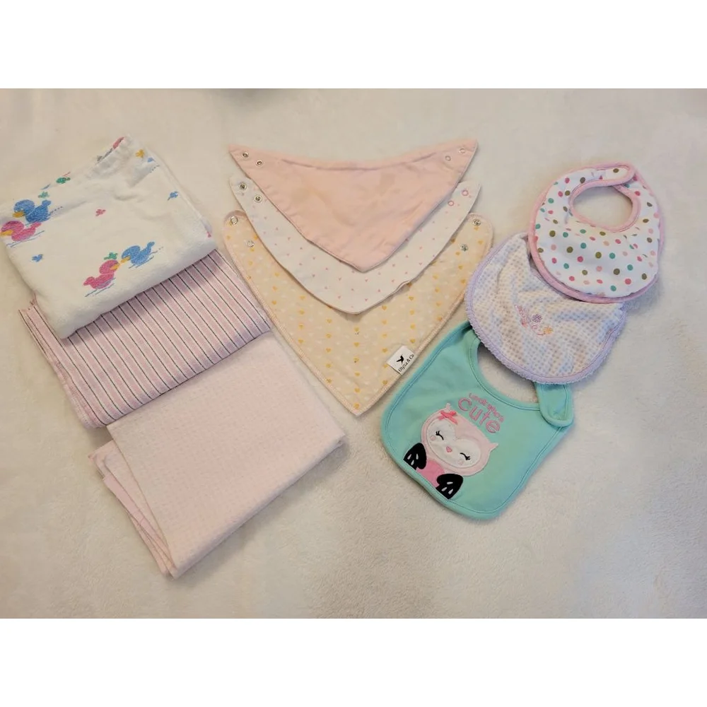 Baby Girl Accessories Bundle Bibs Bandanas Receiving Blankets